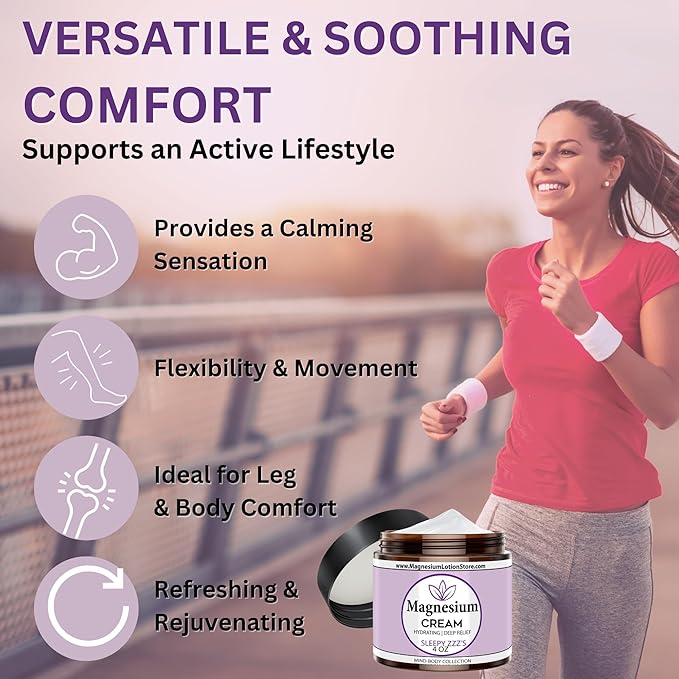 Magnesium Cream with Sleepy Zzz’s Essential Oil Scent Topical Cream for Sleep Leg Cramps &amp Pain Muscle Relaxation Calm Moisturizing Supplement with Coconut Oil Shea Butter Aloe 4 oz USA Ma