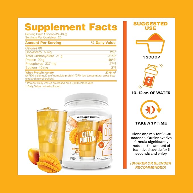 NutraBio Clear Protein Powder Mango Mist - 20 Servings 20g Clear Whey Protein Isolate 0 Sugar 0g Lactose Refreshing Fruit Flavors GLP1 Support - Bone Health - Muscle Post Workout Recovery