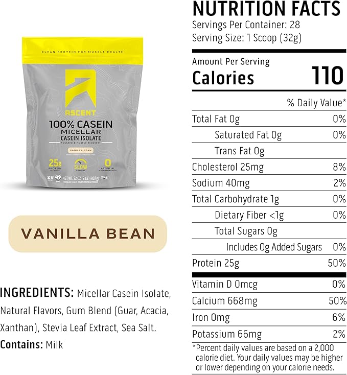 Ascent Casein Protein Powder - 25g Micellar Casein Powder with Zero Artificial Flavors &amp Sweeteners Gluten-Free No Added Sugar 4.9g BCAA 2.2g Leucine - Vanilla Bean 2 Pounds