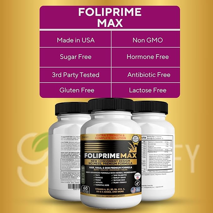 Foliprime Max Hair Nails &amp Skin Supplement with Biotin Vitamins Minerals &amp Herbal Blend 60 Capsules (2)