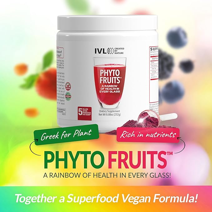 IVL - Phyto Fruits Superfood Powder - Support Energy - Digestive &amp Probiotic - Antioxidant - Vegan - 40 Fruits and Nutrients Plus 6 Probiotic Strains (30 Servings 8.88 oz)