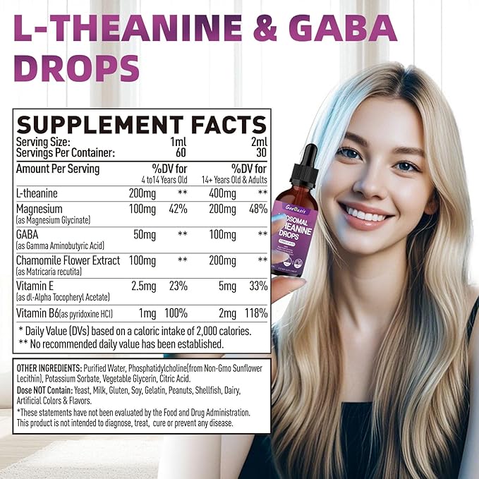 Liposomal Liquid Calcium Citrate &amp L-Theanine with GABA Drops Immune &amp Overall Health Zzz &amp Relaxation Support