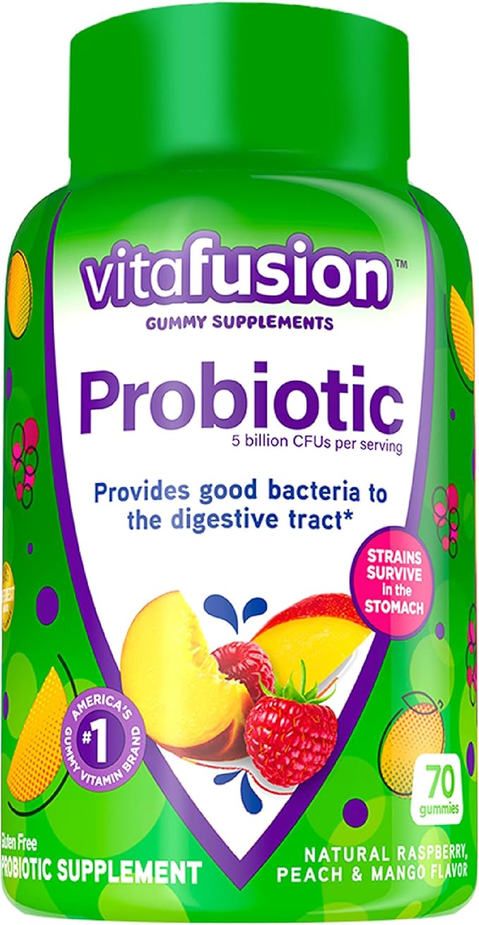 Vitafusion Probiotic Gummy Supplements Raspberry Peach and Mango Flavors &amp Extra Strength Vitamin D3 Gummy Strawberry Flavored Bone and Immune System Support (1) 120 Count
