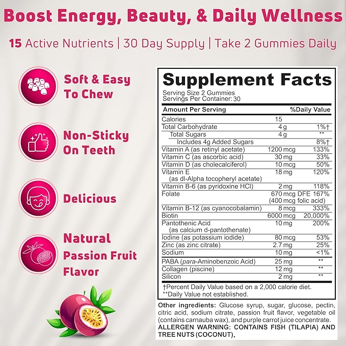 Hair Skin and Nails Gummies with Biotin (6000mcg) Collagen &amp PABA - Hair Skin and Nails Vitamins for Women and Men - Supports Hair Growth Stronger Nails Healthy Skin - 30 Servings