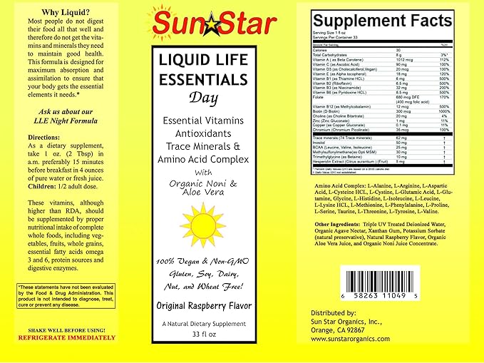 Liquid Day Multivitamin with Noni &amp Aloe Vera sweetened with Agave Nectar 33 fl oz - Essential A B C E &amp D Vitamins Antioxidants Trace Minerals &amp Amino Acid Complex