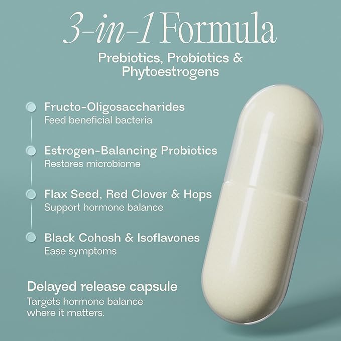 BIOMA Menopause Support Probiotics for Women - Hormone Free Hot Flash &amp Night Sweat Relief - Gut-Hormone Balance with Phytoestrogens BB536 Delayed Release (60 Capsules - 30 Day Supply)