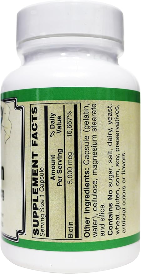 Biotin 5000 mcg (5 mg) per Easy to Swallow Capsule *Free of Yeast Wheat Gluten and preservatives