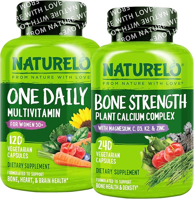 NATURELO Calcium Supplement - for Bone Strength with Calcium 600mg - 240 Vegetarian Capsules and One Daily Multivitamin for Women 50+ (Iron Free) - 120 Capsules - 4 Month Supply Bundle