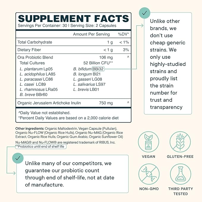 Ora Organic Probiotics with Prebiotics - 52 Billion CFU 11 Clinically Studied Strains for Digestive Health Trust Your Gut Gluten Free 60 Capsules