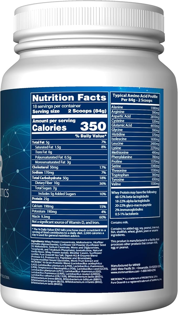 MRM Nutrition Gainer Protein with Probiotics &amp Postbiotics - Vanilla Flavored for Men &amp Women 25g of Whey Protein Concentrate &amp Isolate Micellar Casein &amp Digestive Enzymes - 18 Serv