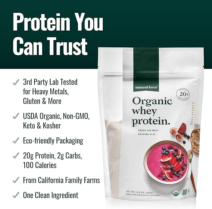 Natural Force Clean Grass Fed Collagen Peptides + Unflavored Organic Whey Protein Bundle – Organic Non GMO Whey Protein &amp Hydrolyzed Type I and III Collagen – 13.8 Ounce Bag and 11.7 Ounce Bag