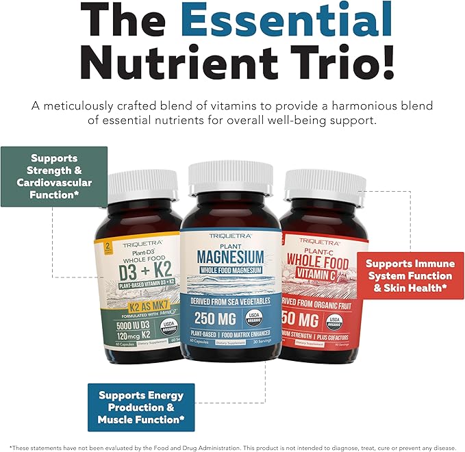 Magnesium (60 ct) Plant D3 5000 IU + K2 MK-7 (60 ct) &amp Whole-Food Vitamin C (90 servings) Bundle | Vegan Supplements for Energy Muscle &amp Immune Support | USDA Organic Non-GMO Gluten-Free