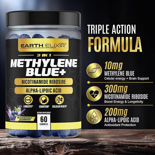 3-in-1 Methylene Blue Gummies – Methylene Blue Pharmaceutical Grade w/Alpha Lipoic Acid (ALA) &amp NAD Supplement for Energy Cognitive &amp Cellular Support – 2 Month Supply &amp 3rd Party Tested