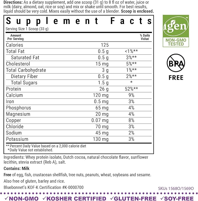 Bluebonnet Grass Fed Whey Protein Isolate 26 g Energy &amp Workout Recovery BCAA Amino Acids - Gluten-Free Non-GMO Soy-Free Chocolate Protein Powder for Women &amp Men - 28 Servings