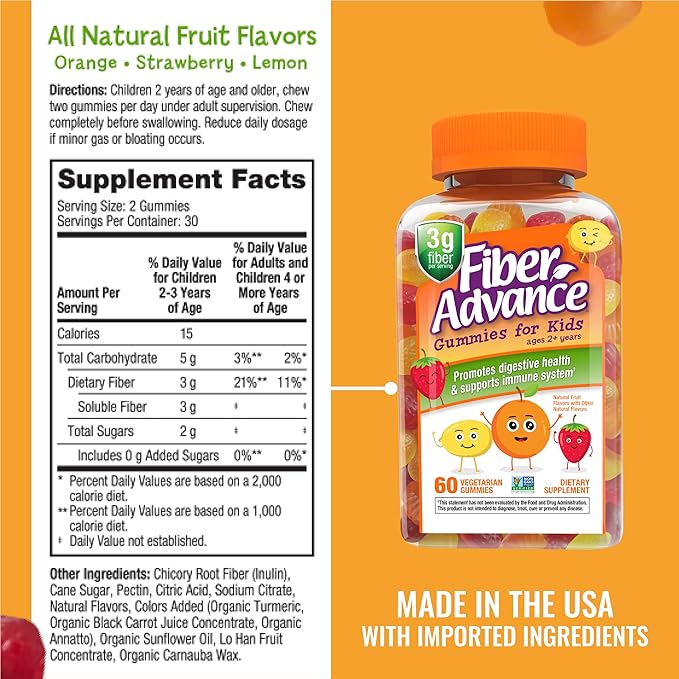 Fiber Advance Gummies | 100% Plant Based Fiber Supplement for Digestive Health | Chicory Root Inulin Prebiotic Gummies | Gluten Free Vegetarian &amp Non-GMO (Kids 3-Pack)