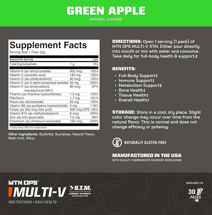 MTN OPS Multi‑V STM On‑The‑Go Daily Multivitamin for Men Women &amp Kids – Straight‑to‑Mouth Vitamin C D3 B Zinc Packs – Gluten Free Natural Flavors 30 Servings