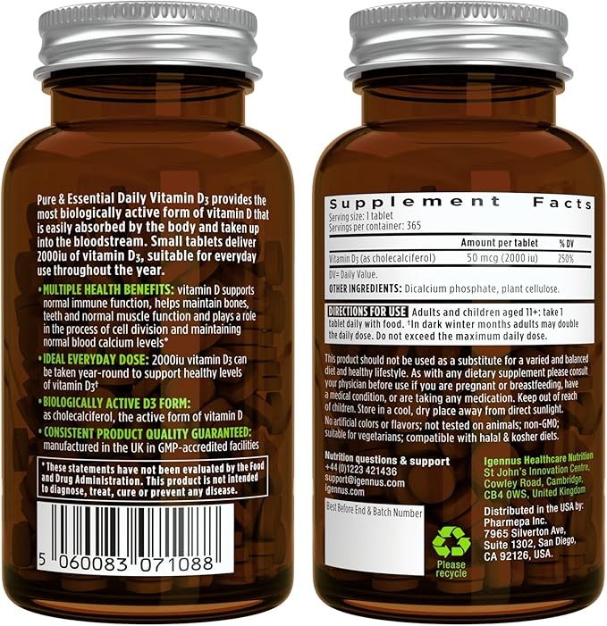 Daily Vitamin D3 + Ashwagandha+ L-Theanine &amp Magnesium Vegetarian Bundle 365 2000iu Vitamin D3 Tablets + 600mg KSM-66 Ashwagandha with Zinc &amp B Vitamins by Igennus