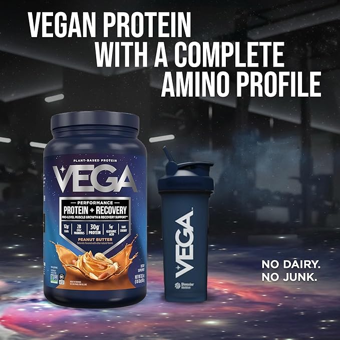 Vega Sport Vegan Protein Powder + Recovery - 30g Plant Based Protein per Serving Peanut Butter 19 Servings 5g BCAAs Probiotics NSF Certified for Shakes &amp Smoothies 1.8lbs (Packaging May Var