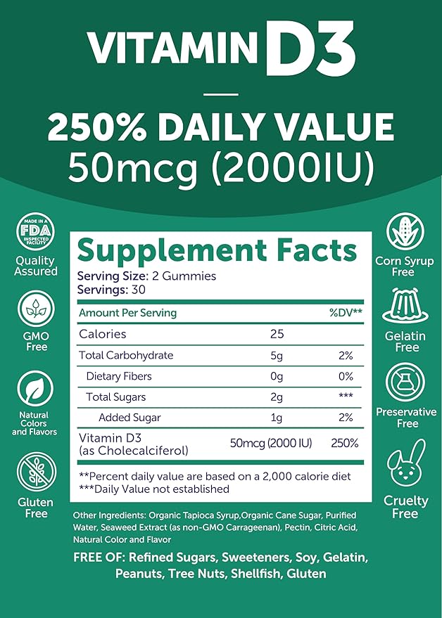 Lunakai USA Made Vitamin D3 Gummies 2000 IU - Non-GMO Gluten-Free Vitamin D Gummies for Women &amp Men - Bone Immune &amp Energy Support 60ct