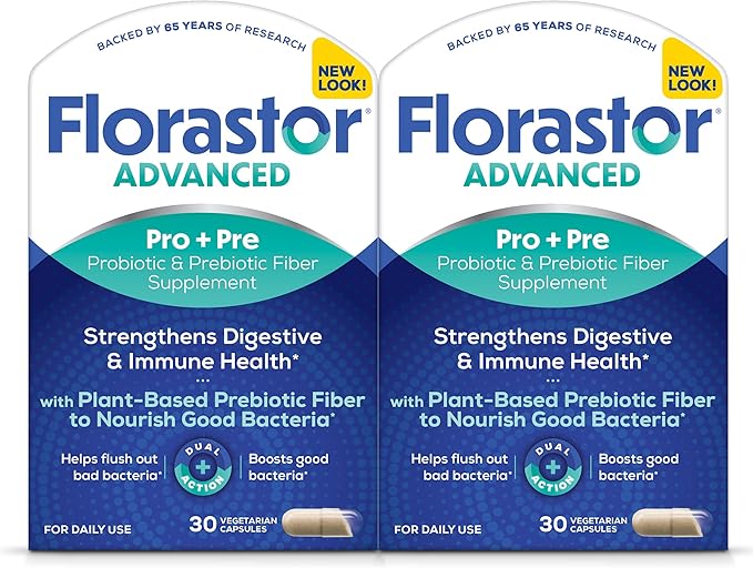 Florastor Select Pro+Pre Daily Probiotic and Prebiotic Supplement for Women and Men Boosts Good Bacteria Saccharomyces Boulardii CNCM I-745 (30 Capsules) (Pack of 2)