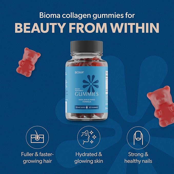 BIOMA Hair Skin &amp Nails Beauty Gummies - Supports Growth &amp Strength with Biotin Collagen Zinc &amp Vitamins C &amp D - Gluten-Free - 60 Gummies (30-Day Supply)
