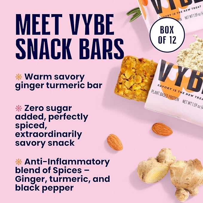 Vybe Snacks Savory Nutrition Bars Turmeric Ginger Flavor | Plant Based Vegan Zero Added Sugar Gluten Free Keto Friendly No Artificial Ingredients Organic 8-9 gm Protein &amp Gut Friendly Fiber