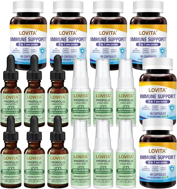 LOVITA 18-Piece Mega Bundle - 6 Propolis Drops 6 Sprays &amp 6 Immune 8-in-1 Daily Defense Max Value Stock Up Set (18 Pc)