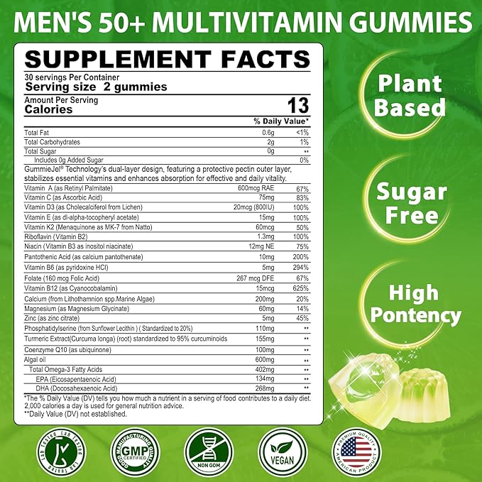 NEVISS Kids Multivitamin Gummies with Calcium Probiotics Vitamin D3 K2 A C + Sugar Free Men 50 + Plus Multivitamins Gummies w/Omega-3 Coq10 D3k2 Calcium