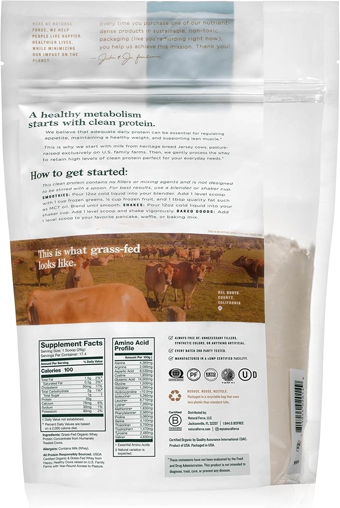 Natural Force Grass Fed Organic Whey Protein Powder Unflavored - 16 oz Organic Clean Collagen Peptides Powder Unflavored 32oz