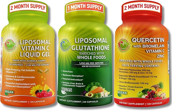 Immune &amp Antioxidant Support Bundle - Liposomal Glutathione 500mg Supplement + Quercetin 500mg with Bromelain Zinc Vitamin C &amp Organic Whole Foods + Liposomal Vitamin C 1100mg Liquid Gel