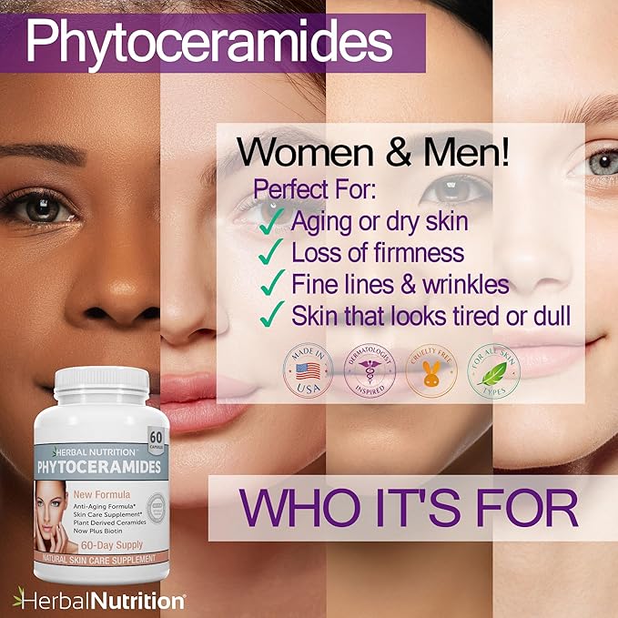 Phytoceramides Rice Based with Biotin Anti Aging Supplement Wrinkle Remover and Facial Moisturizing with Phytoceramides Vitamin A C D and E Two Bottle Pack 120 Capsules 40mg Gluten Free