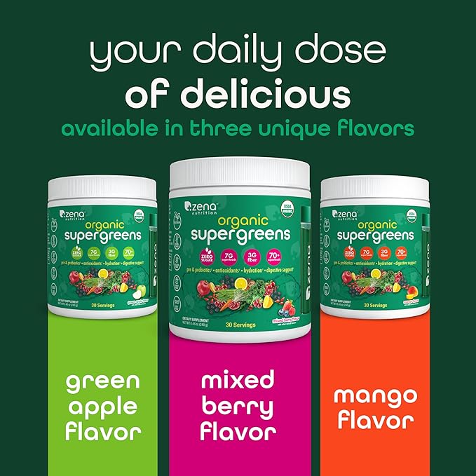 Zena Nutrition Organic Super Greens Powder 70+ Superfoods 0 Sugar 3G Fiber Spirulina Chlorella Mushrooms Prebiotics/Probiotics Digestive Enzymes for Gut Health Mango 30 Servings