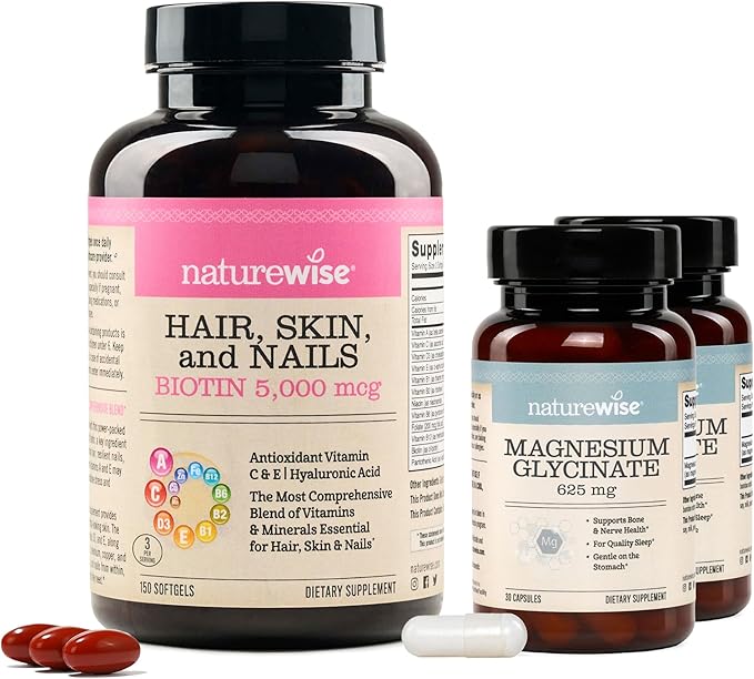 NatureWise [1] Hair Skin &amp Nails - Biotin + Multi Vitamin - 150 Softgels[50-Day Supply] + (Pack of 2) Magnesium Glycinate 625mg - Chelated Magnesium - 30 Capsules[30-Day Supply]