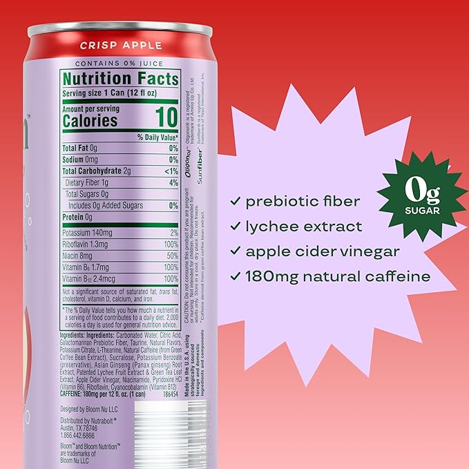 Bloom Nutrition Sparkling Energy Drink - Natural Caffeine Zero Sugar 180mg Caffeine - Antioxidant-Rich with Green Coffee Bean Green Tea Extract Prebiotics - Crisp Apple - 12oz 12 Pack