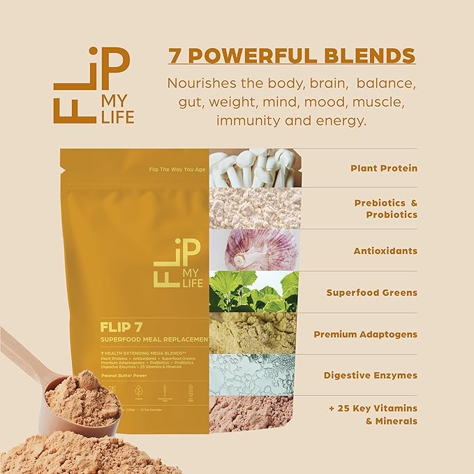 Flip My Life Flip 7 Natural SuperFood Plant-Based Protein Complete Meal Replacement to Support Healthy Gut 7 Mega Nutrient Rich Blends all in one to AGE BETTER - Peanut Butter