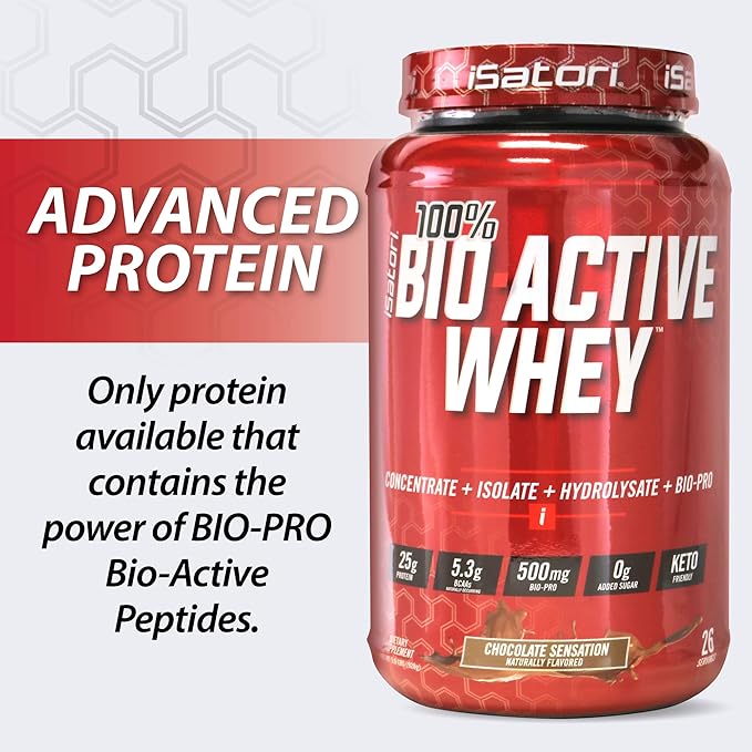 iSatori 100% Bio-Active Whey Protein Muscle Growth &amp Recovery with Whey Isolate Hydrolysate Concentrate BCAAs &amp Colostrum Peptides 25g of Protein Per Serving - Chocolate Sensation (26 Ser
