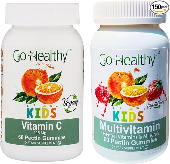 Go Healthy Multivitamin Gummies (1 Bottle) and Vitamin C Gummies (1 Bottle) for Kids Toddlers Vegetarian Kosher &amp Halal Gluten Free Non-GMO Bundle