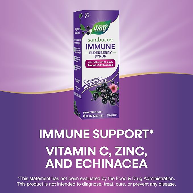Nature's Way Sambucus Immune Elderberry Syrup Elderberry extract Vitamin C and Zinc with Propolis &amp Echinacea for Immune Support* with Superfood Antioxidants(1) 8 Fl Oz (Packaging May Vary)