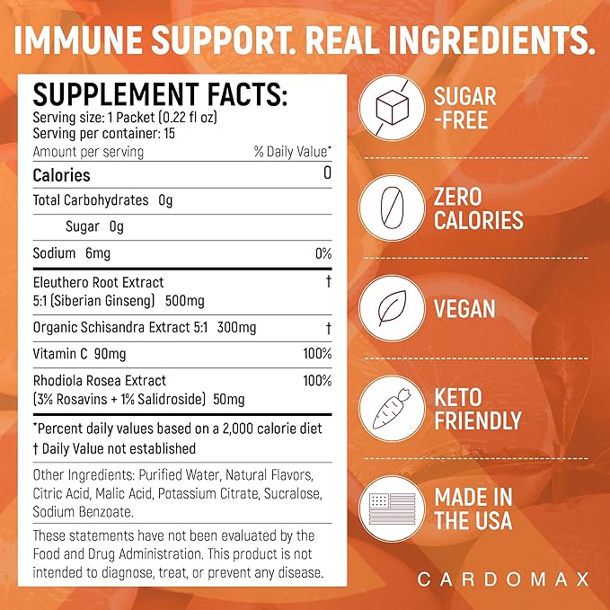 CardoMax Immunity Booster Liquid Drink Mix for Kids &amp Adults with Vitamin C Ginseng Rhodiola &amp Schisandra – Sugar-Free Immune Support Supplement Orange Flavor 15 Single-Serve Liquid Sticks