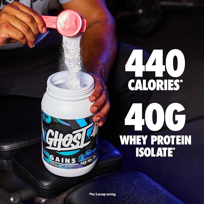 GHOST Clear Gains Mass Gainer Protein Powder - Post-Workout Weight Gainer Mix - 40g of Whey Protein Isolate 440 Calories &amp 70g Vitargo Carbs - Lean Muscle Building &amp Recovery - Blue Raspberry