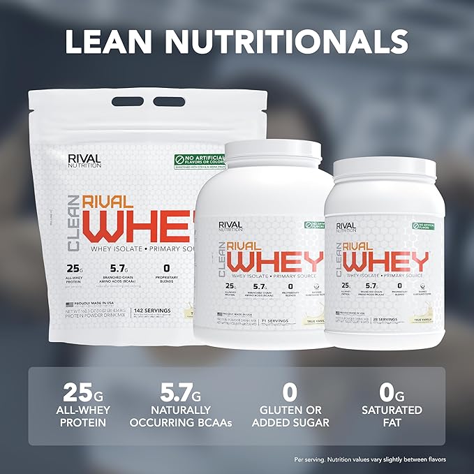 RIVAL NUTRITION Clean Rival Whey – 10LB True Vanilla – 100% Whey Protein Powder Whey Isolate Primary Source | 25g Protein Muscle Gain/Recovery | All Natural No Artificial Ingredients - 142 Servings