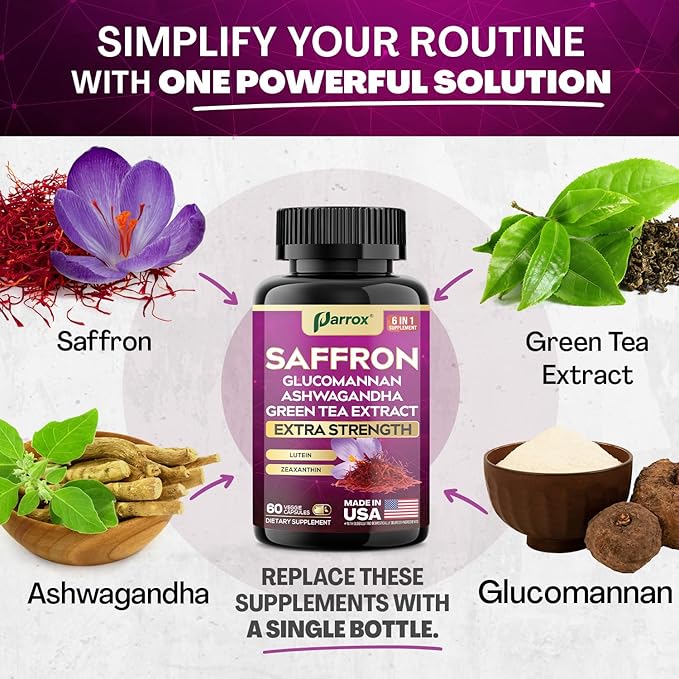 Saffron Supplement with Glucomannan Ashwagandha Green Tea Extract Zeaxanthin &amp Lutein Vision Support &amp Daily Wellness Formula Extra Strength Plant-Based Capsules 4 Month Supply (2 Pack)