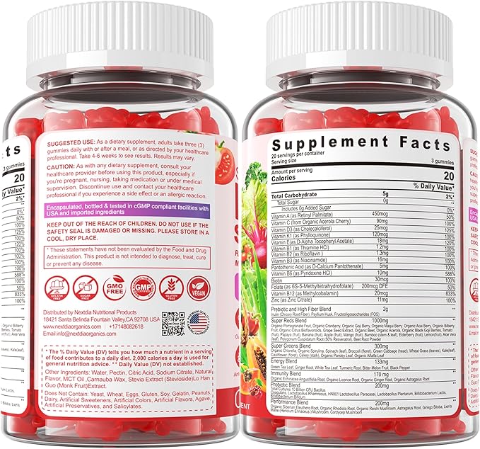 Super Reds Gummies Fruit and Veggie Supplement w/40+ Superfoods Polyphenol Fruits Berries Super Greens Beet Root Powder Alternative Support Energy Antioxidants Gut Health Immunity 60Cts