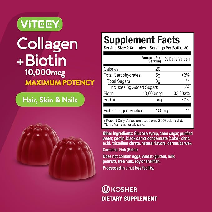 Viteey Collagen Gummies with Biotin Gummies for Hair Skin and Nails Vitamins - Biotin and Collagen Supplements for Women &amp Men - Gluten-Free – 120 Count