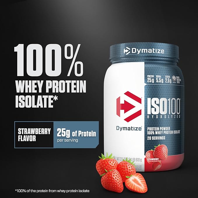 Dymatize ISO100 Whey Protein Powder Isolate Strawberry 25g of Protein 5.5g BCAAs Less Than 120 Cal. Gluten Free 1g Fat 1g Sugar 2g Carb (20 Servings)