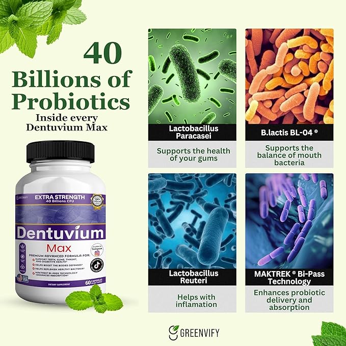 Dentuvium Max Probiotic Supplement - 40 Billion CFU - Supports Teeth Gums Throat Digestive Health - Gluten Free Sugar Free Non-GMO - 60 Capsules (1)