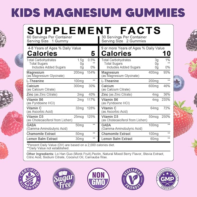 Kids Magnesium Gummies - Magnesium Glycinate Gummies 400mg/200mg with L-Theanine Chamomile Vitamin B6 D3 for Kids Relaxation &amp Zzz Support Nerve Bone - Sugar Free Mixed Berry Flavor 120ct