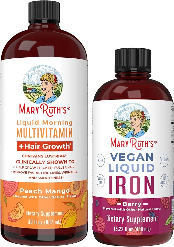 MaryRuth's MaryRuth's Liquid Morning Multivitamin +Hair Growth (Peach Mango 30oz) &amp Iron Liquid (Berry) | Clean Label Project Verified® | Beauty Immunity &amp Overall Health | Vegan Non-GMO