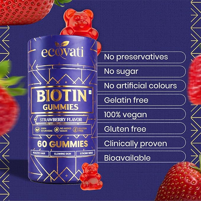 Biotin Gummies for Hair Strawberry Flavor 60 Count with Vitamin A C E Fibre and Zinc No Added Sugar 100% Vegan Gluten Free