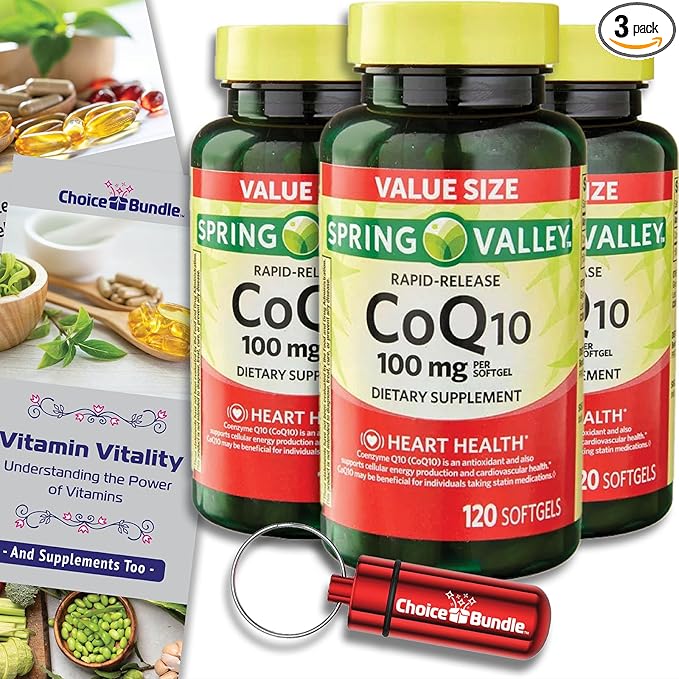 Choice Bundle Spring Valley Rapid-Release CoQ10 Coenzyme Q10 100 mg Softgels 120 CT 3 pk (360 Total) + Vitamin Guide &amp Pill Container (5 Items)!